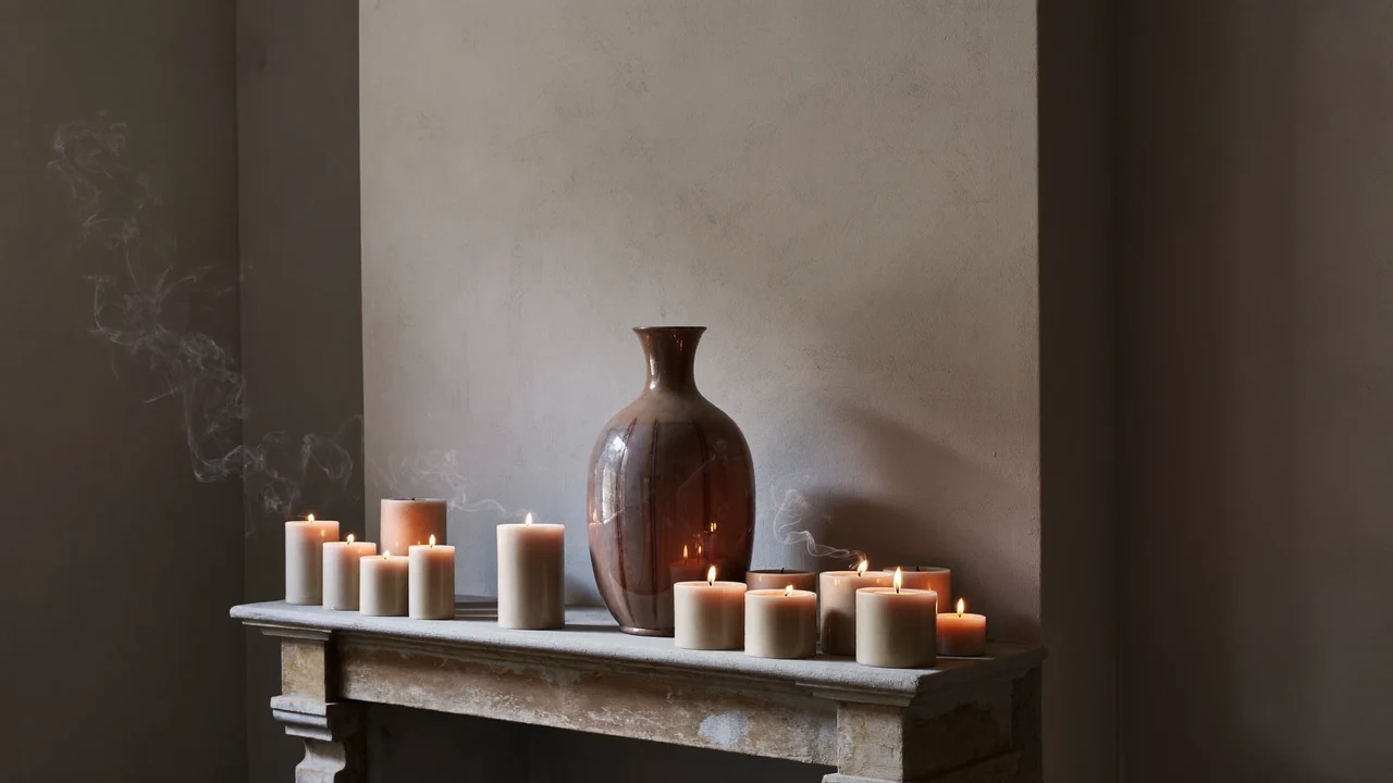 Coin de cheminée éclairé à la bougie, vase en céramique et ombres douces
