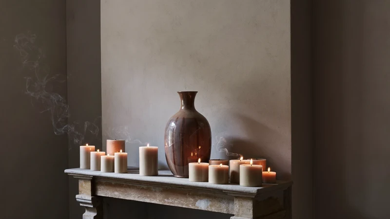Coin de cheminée éclairé à la bougie, vase en céramique et ombres douces