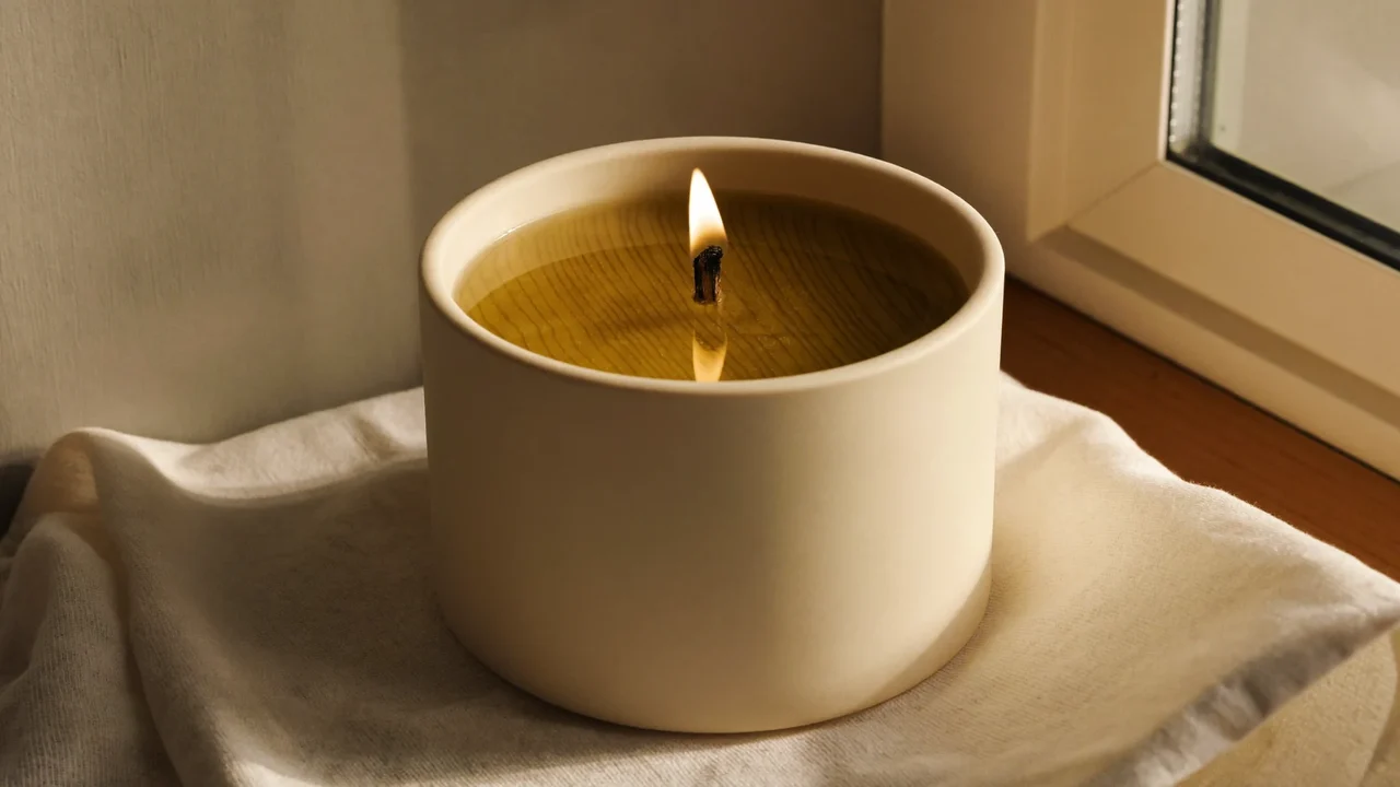 Bougie parfumée en pot de céramique, mèche en bois, sur lin brut