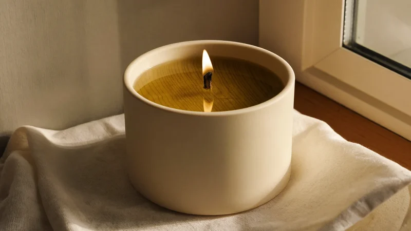 Bougie parfumée en pot de céramique, mèche en bois, sur lin brut