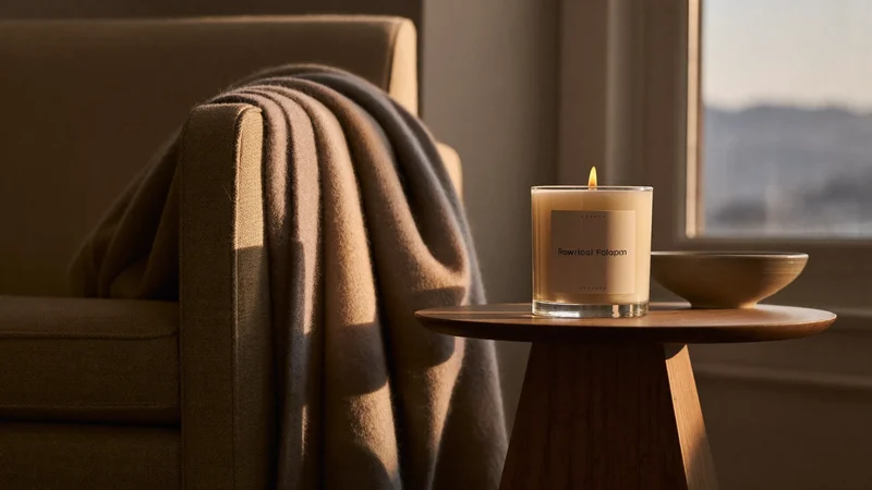 Coin de salon intimiste avec bougie allumée, plaid de laine et fauteuil